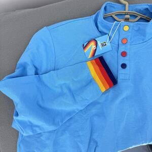 Aldi Pullover Sweater‎ Mens XL Blue Rainbow Stripe Mock Neck Buttons